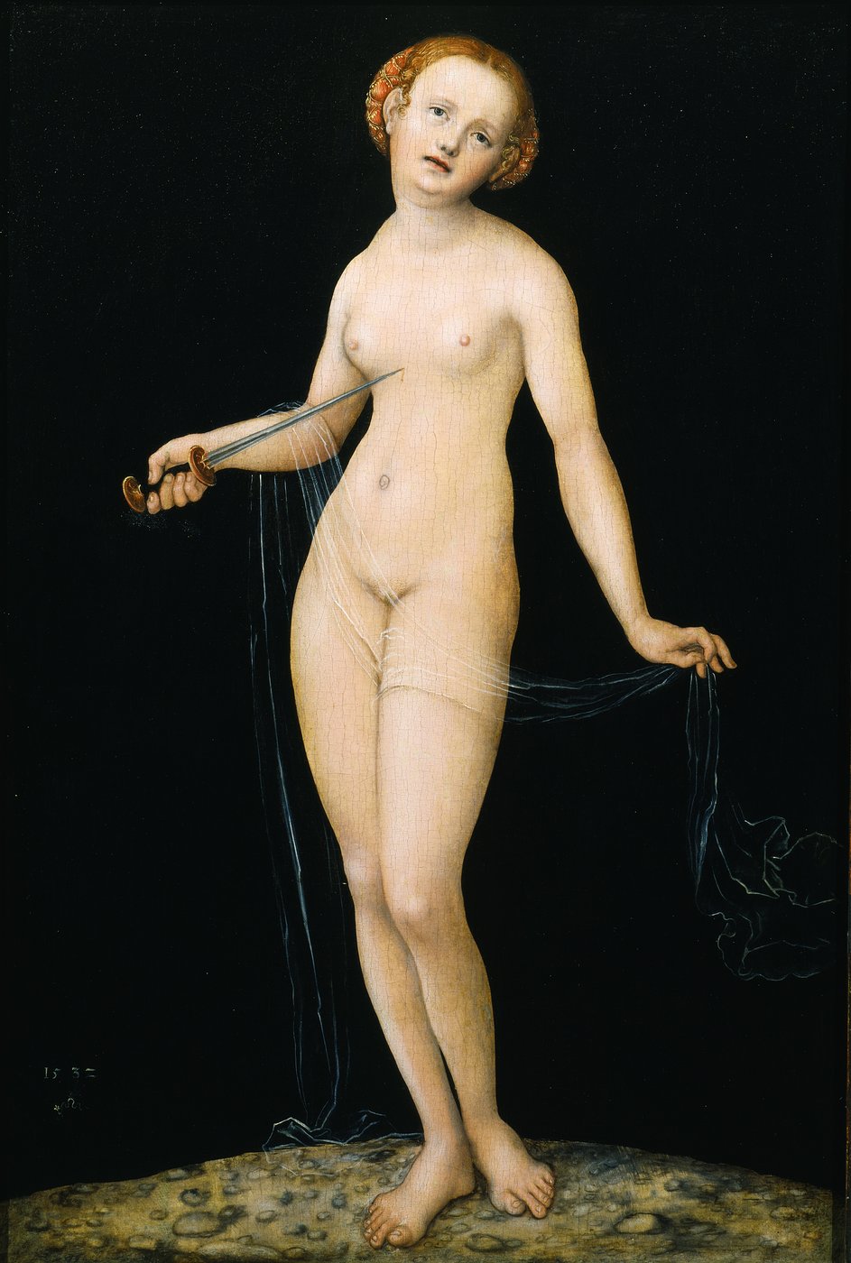 The portrait-format painting depicts the naked, standing Lucretia shortly before the moment of her suicide. She is pointing a long dagger at her chest while at the same time holding a fine, long, transparent cloth with the fingers of her left hand. The cloth continues over her right forearm until it finally touches the ground. From her young, round, doll-like face, her inner pain and despair can be read. Her ginger curly hair is strictly braided backwards into a crown. Due to the black, monochromatic background and the small section of the stony ground, the painting has a two-dimensional effect.