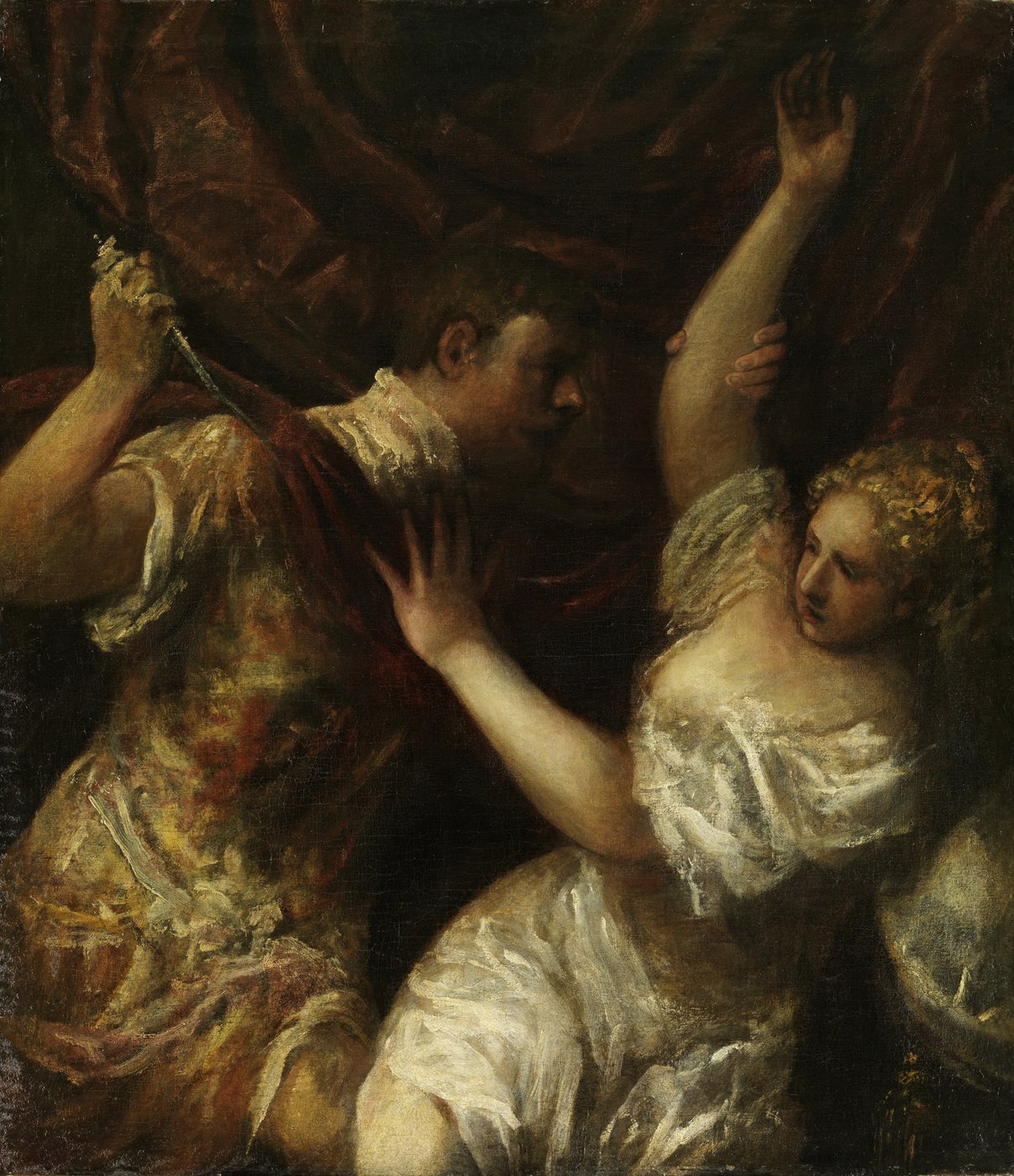 The portrait-format painting depicts a dramatic and violent moment in which Tarquinius threatens Lucretia with a dagger. Lucretia tries to push him away with her left arm, Tarquinius in turn holds her right arm and tries to pull her towards him. A dramatic tension is created by her defence and his violent approach. Lucretia wears a white dress that has slipped so much that half of her right breast is being exposed. The background is taken up by a dark red curtain, which makes the entire pictorial space seem constricted. The drama of the scene is heightened by the painting technique and the play of colour. There are no clear lines and neither the figures nor the space have been worked out particularly vividly. Thus, the painting appears two-dimensional and the brushstrokes with their dynamism almost sketchy.