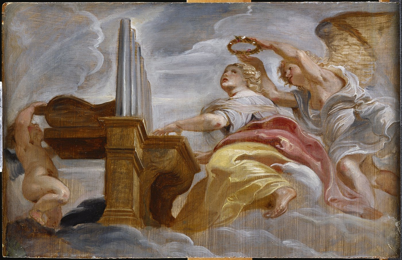 The landscape-format painting depicts Saint Cecilia playing the organ with two angels. Due to the strong worm's eye view, the impression is created that one is looking at the scene from below. One of the angels is standing behind Saint Cecilia and holds a wreath of flowers over her head. The scene is embedded in clouds. On the left side of the painting is a small putto reaching up towards the back of the organ. The brushstrokes appear sketchy and in places the wood on which the picture was painted shimmers out. The picture appears dynamic due to the fluttering voluminous robe and the many folds of fabric as well as cloud formations.