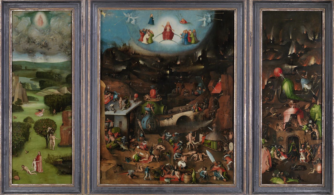 The three-part panel painting depicts grotesque-satirical visions embedded in fantastic landscapes. On the central panel, God is enthroned above in the blue sky. From the sky downwards, the colours become increasingly darker until one reaches the gloomy scenes of the Last Judgement. Here, numerous naked people are being punished for their sins by demons and other strange creatures. On the left side panel, the paradisiacal world in the Garden of Eden still seems to be in order at first glance. On closer inspection, however, one notices scenes of the Fall of Man and the expulsion of Adam and Eve from Paradise. The right side panel is the scene of further numerous depictions of torture. Sinful people were condemned to hell, where they are being tortured in a variety of ways. Those who have indulged in gluttony and drunkenness in life are, for example, being filled up from a barrel, which contains a fluid coming straight from the backside of a denizen of hell. While the left panel is dominated by a paradisiacal landscape, the worlds of the middle and right panels, studded with satire and irony, appear chaotic and grotesque.