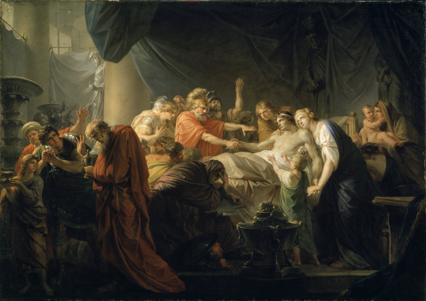 The painting shows a scene from Roman antiquity. Germanicus, lying on a bed, occupies the centre of the picture space and is surrounded by almost twenty mourning and lamenting people. His naked upper body is lovingly supported by two women, while he holds out his hand to a general in uniform. Women, men and children are gathered around Germanicus, expressing their pain and grief with different postures and facial expressions. They wear ancient garments such as white, red, blue, ochre and brownish tunics, togas, stoles and Roman uniforms. The scene is separated from the rest of the hall by curtains stretched between large columns. Füger has striven for a lifelike depiction with clear contours, in which the bodies are clearly distinguished from one another.