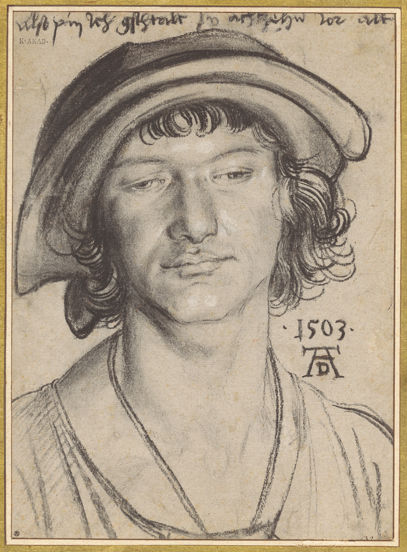 The portrait of an 18 year young man, as the title reveals, can be seen in the vertical-format charcoal drawing. He wears a headdress that, in keeping with the Renaissance style, has a soft, round shape and a slightly protruding hat brim. His facial expression appears relaxed. He has an angular chin, full pointed lips and a broad, prominent nose. His gaze is directed downwards. Around his broad neck he wears a long necklace. To the right of the portrait is written the year 1503 and the artist's monogram. On the upper edge is an inscription that is difficult to read.