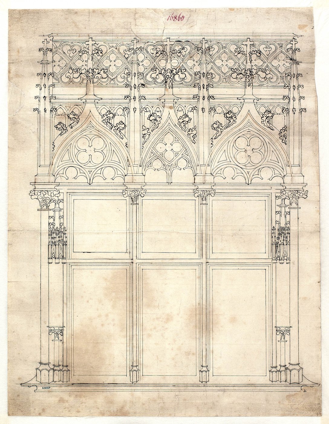 Die Zeichnung zeigt einen Entwurf für einen dreiteiligen Fenstererker für das Wiener Rathaus mit gotischem Maßwerk.