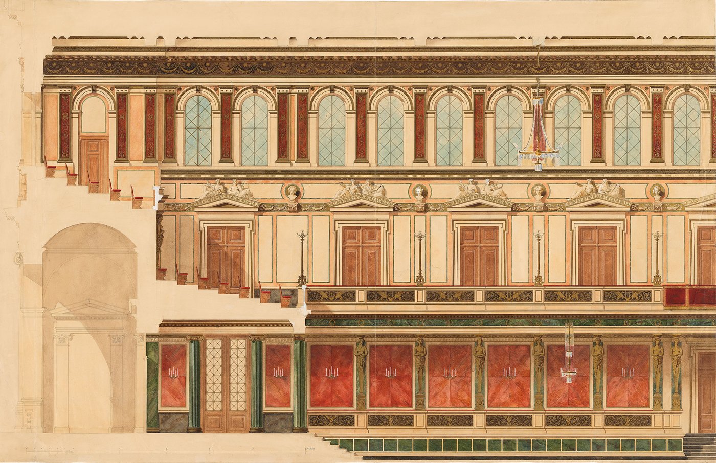 Dargestellt ist der Längsschnitt eines Entwurfs für den Goldenen Saal des Musikvereins in Wien.