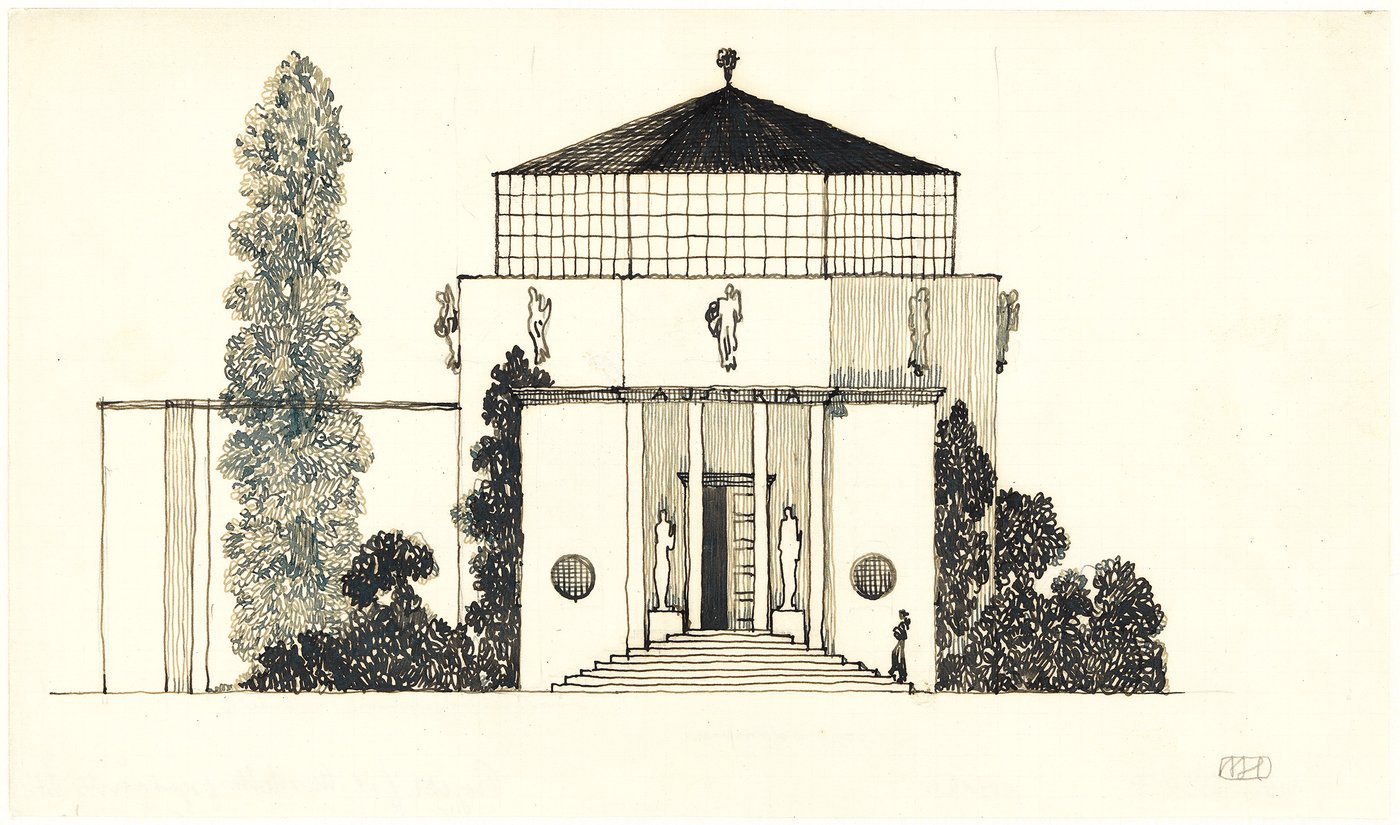 The illustration shows a polygonal pavilion designed by Josef Hoffman with a black roof surrounded by trees and shrubs. It is a design for the Austrian exhibition building at the Venice Biennale.