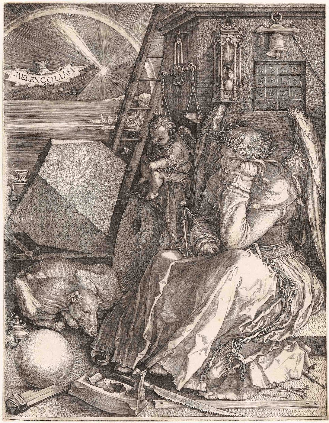 In the right half of the picture sits a woman with angel wings holding a compass and a book. Next to her, a boyish putto sits on a millstone in front of a house wall crowned with a cornice and hung with a pair of scales, an hourglass, a bell and a square of numbers. A dog and various tools lie on the ground in front of a tetrahedron. In the background of the picture, the sea with the coast is depicted on the left. The dark sky above is illuminated by a comet.