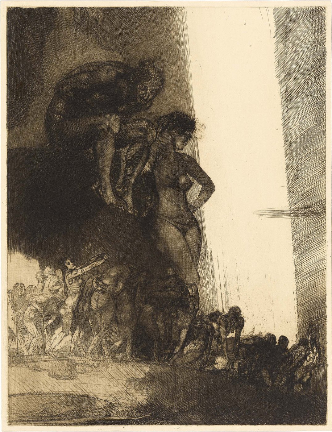 In the left, dark half of the picture, the etching shows death and sin as huge, naked human figures. In front of them, from left to right, small, likewise naked people are moving into hell as a stream of sinners.