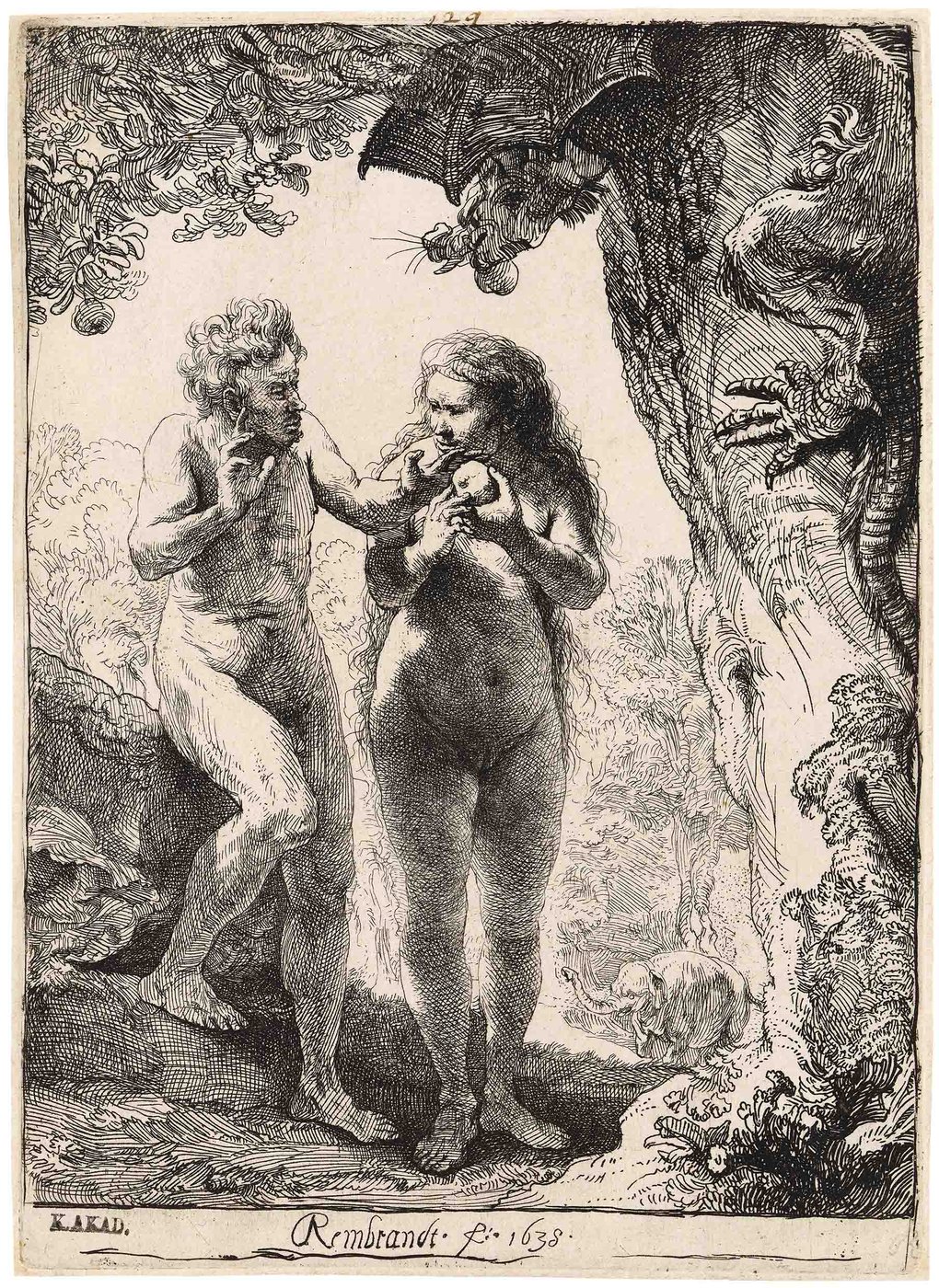 In the centre of the picture Eve, standing under an apple tree, is holding an apple in her hands, while Adam, on the left of the picture, seems to be warning against eating the apple with a raised finger. On the right edge of the picture, a large, dragon-like creature is winding its way up the trunk of the tree.