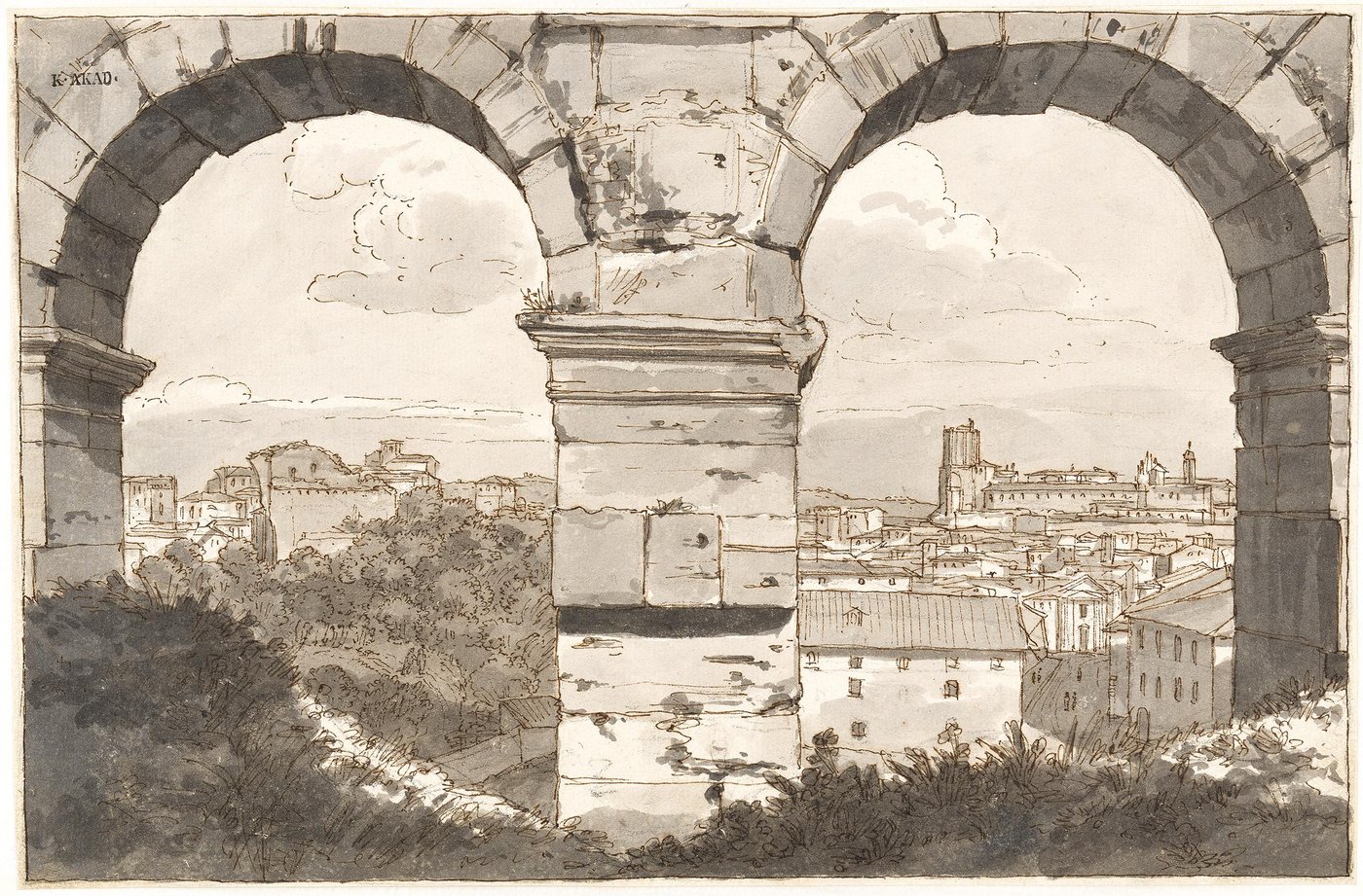 Dargestellt sind zwei Arkaden des Kolosseums, durch die der Blick auf Rom im Bildhintergrund fällt.