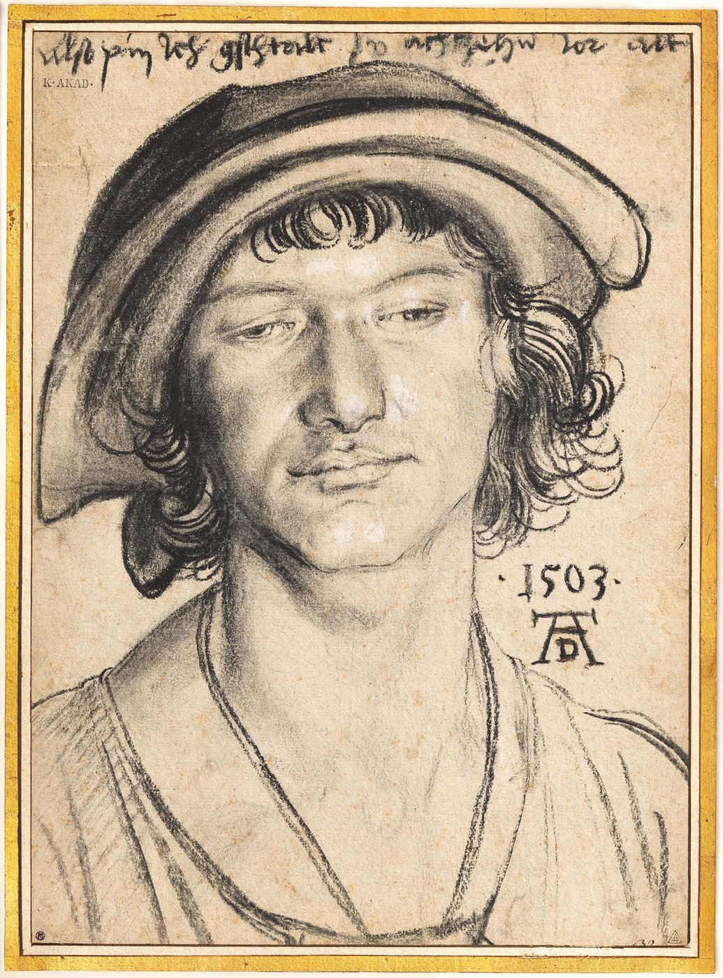 Portrait of a young man with wavy hair, headdress and lowered gaze.