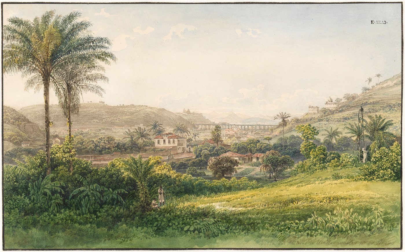 Depicted is a view of the lush tropical landscape and some buildings of Rio de Janeiro. An aqueduct cuts through the landscape between the rolling hills covered with palm trees and banana plants on the right and left of the picture.