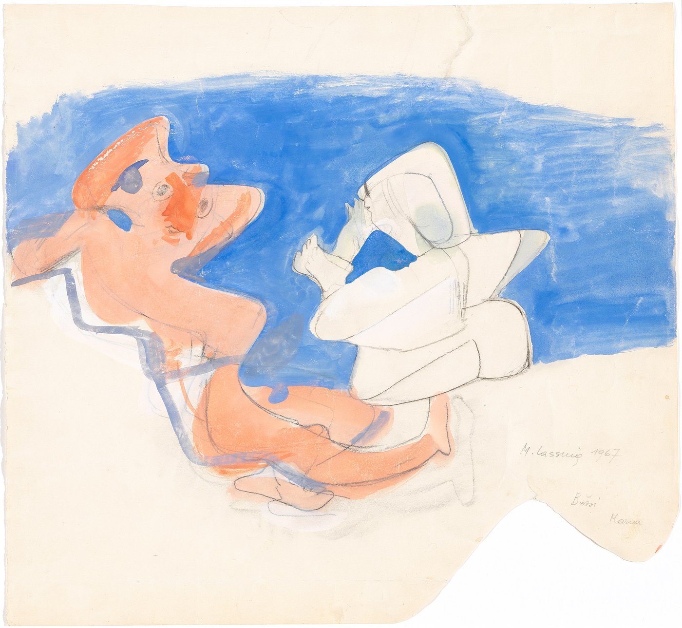 Vor blauem Hintergrund steht in der rechten Bildhälfte eine weiße Figur, die den Betrachtenden den Rücken zudreht. Links neben ihr ist eine orangefarbene, abstrahierte Figur dargestellt, die ihr Gesicht den Betrachtenden zuwendet.
