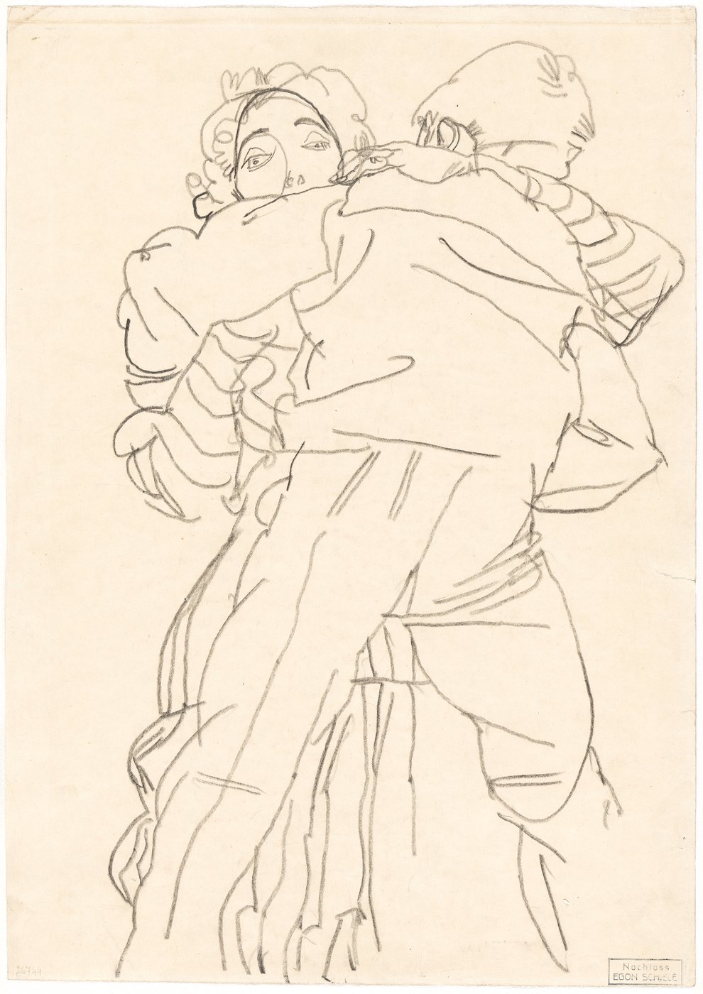 Eine grobe Bleistiftzeichnung, die ein tanzendes Paar von Kopf bis zum Schienbein zeigt. Dabei ist ein Mann mit dem Rücken zu uns abgebildet. Ihn umarmt eine Frau, deren Gesicht über seine Schulter gut zu erkennen ist. Ihr Blick ist direkt auf den Betrachter gerichtet.