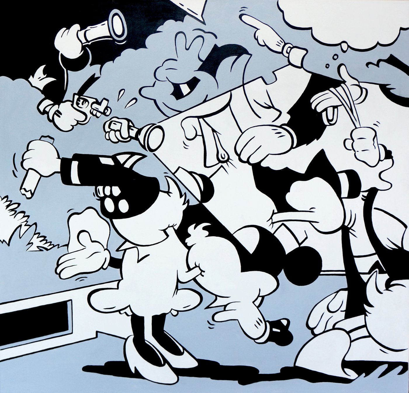 Bild mehreren schwarz-weißen Comicfiguren die ineinander übergehen und an Disneyfiguren erinnern auf blauem Hintergrund