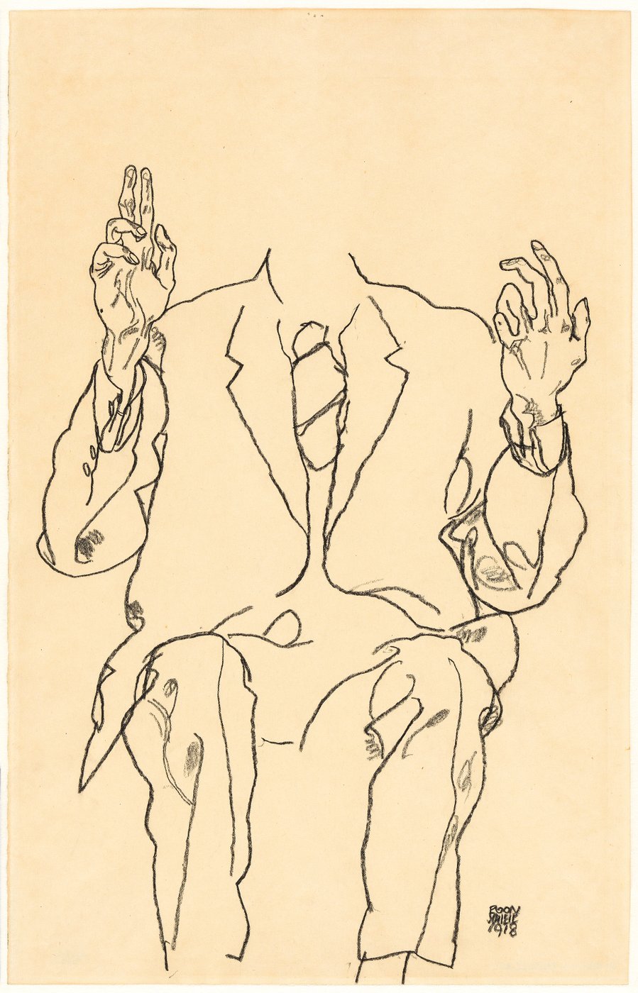 Skizze eines sitzenden Mannes im Anzug mit erhobenen Händen