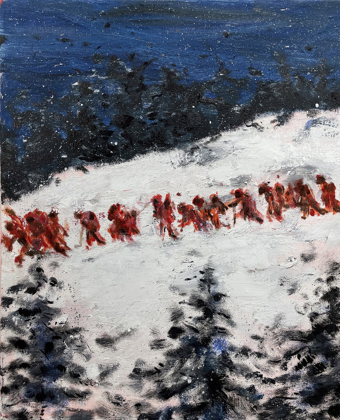Malerei: Menschliche Figuren gehen gebückt über einen verschneiten Berg