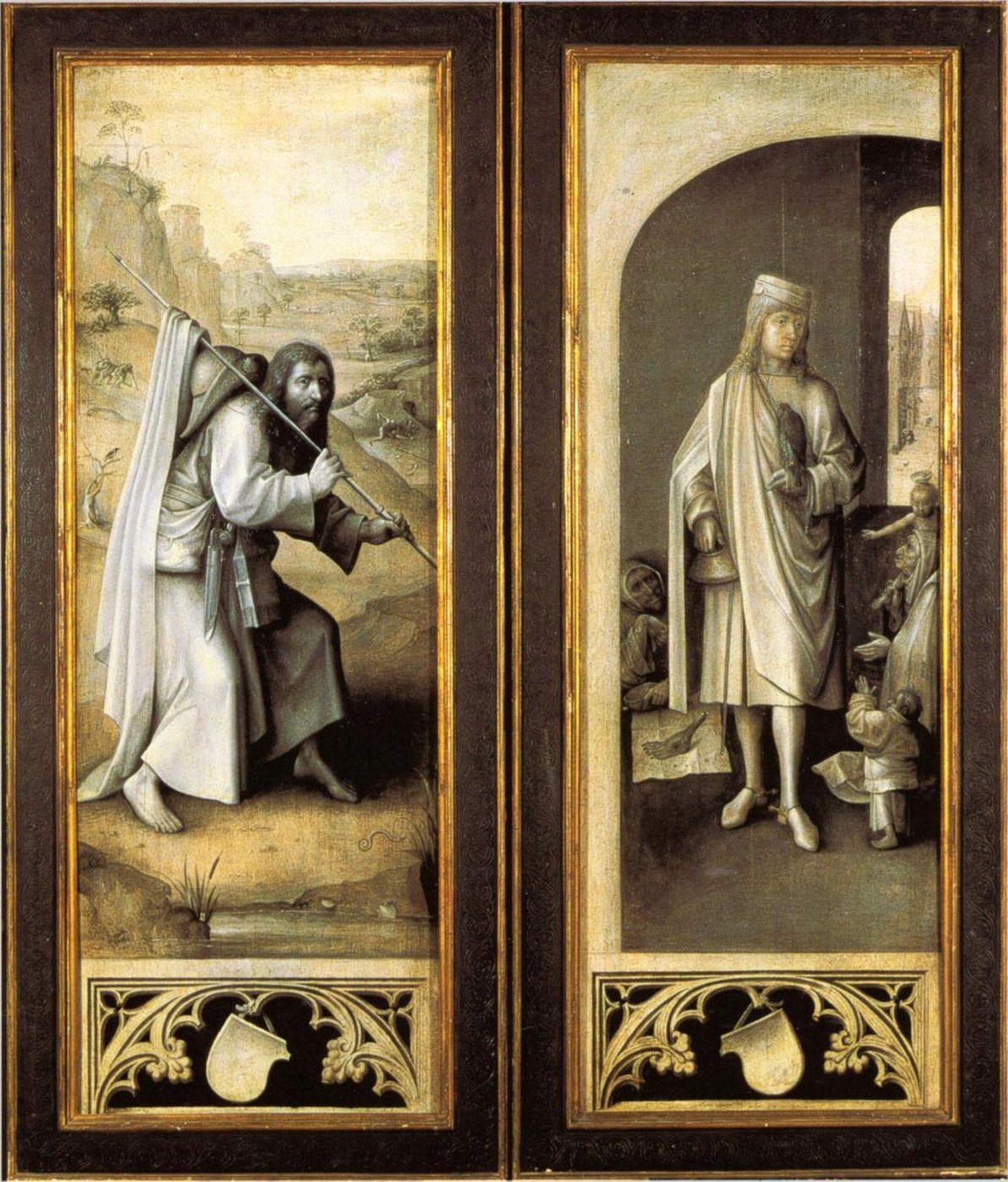Ansicht der Außenseite eines Flügelaltars mit jeweils einer Figur, im linken Flügel ein buckliger Mann in der Natur, rechts ein Mann in Roben in einem Raum,der von Leuten angebettelt wird und vergoldetem Holzrahmen