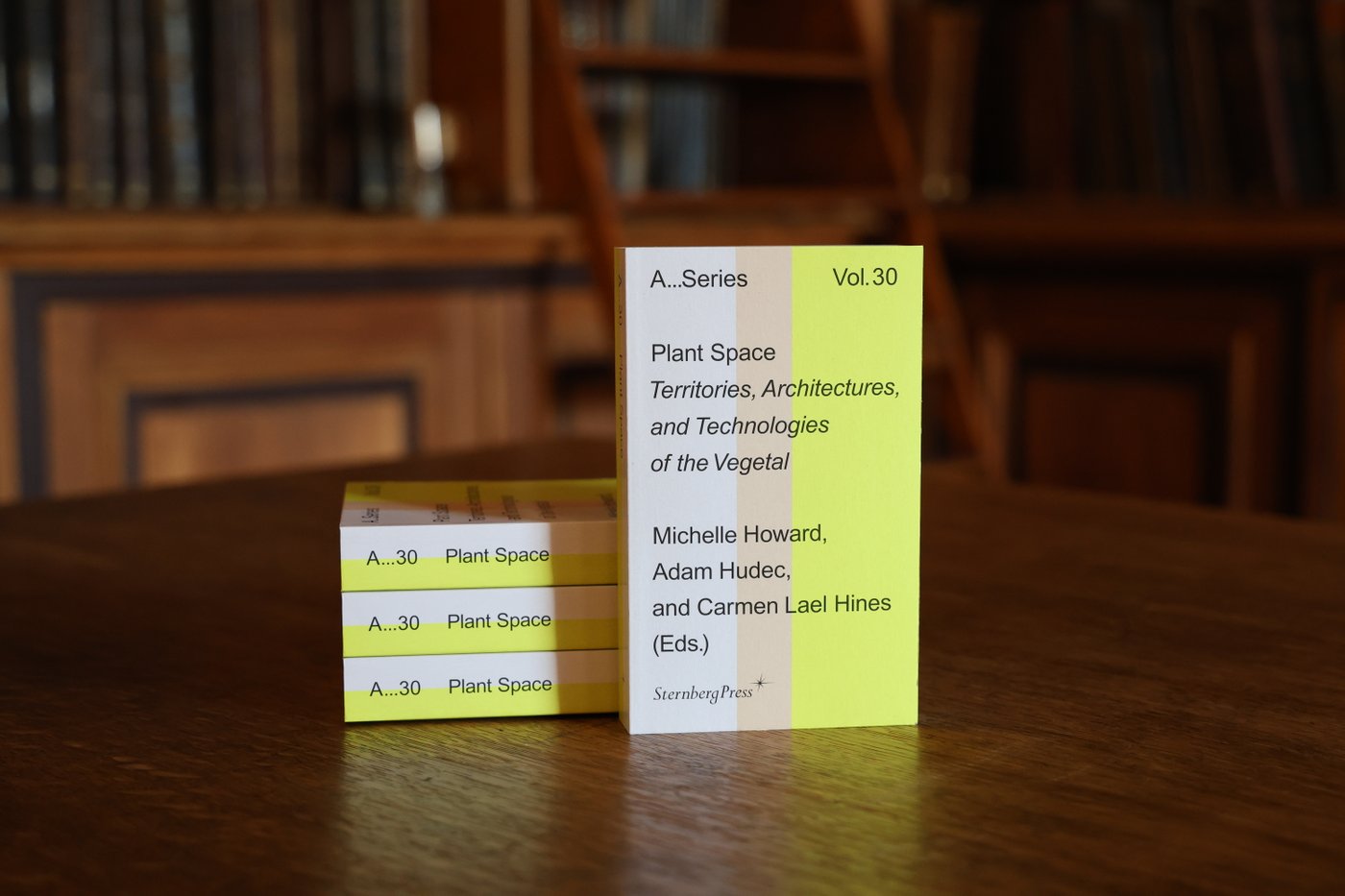Foto von einem Stapel Bücher in einer Bibliothek, im Hintergrund Holzkasten mit historischen Büchern