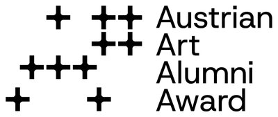 Logo des Austrian Art Alumnie Award schwarze schrift auf weißem Grund mit schwarzen Kreuzen