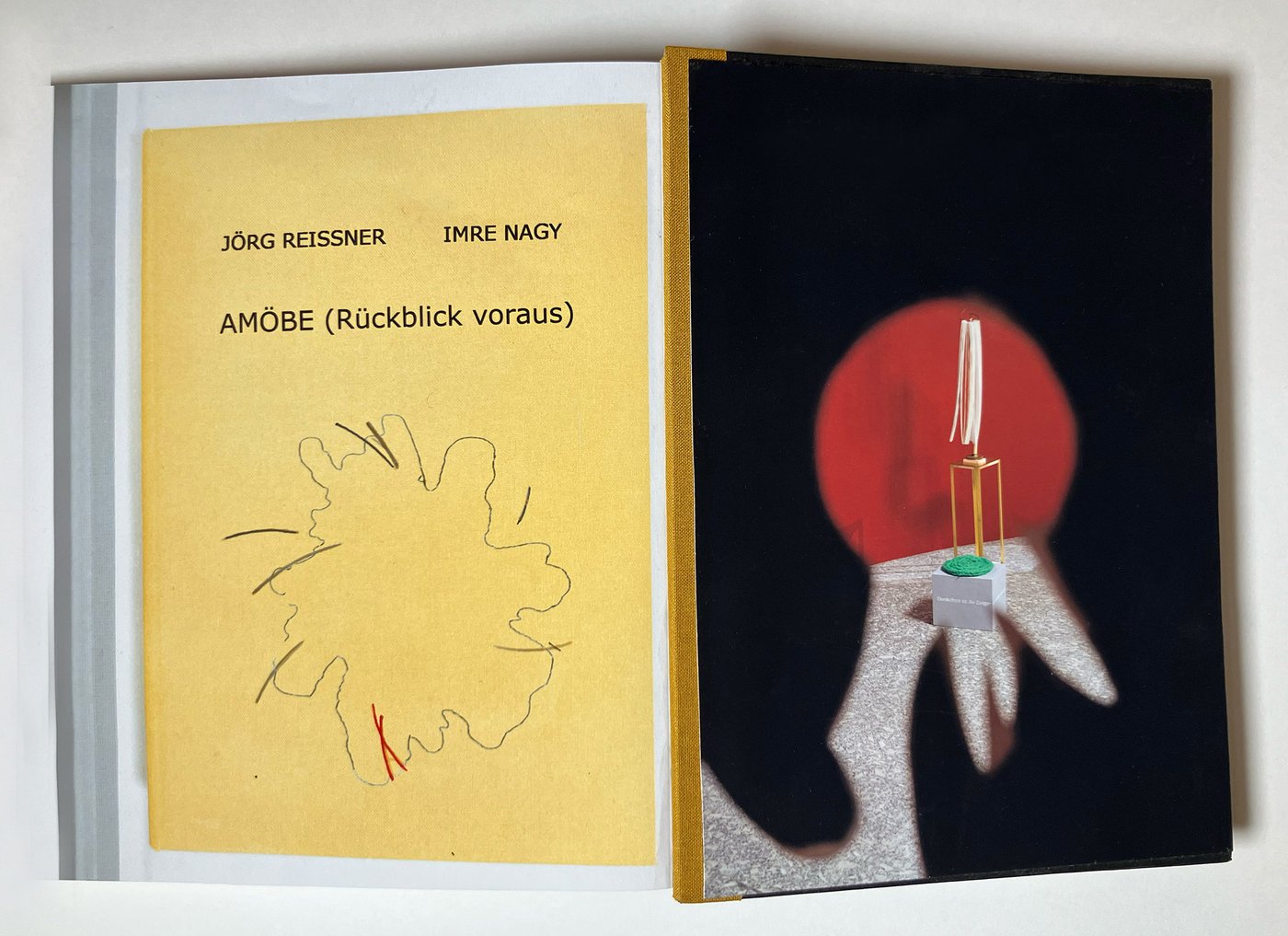 Die Farbabbildung im Querformat zeigt in der linken Hälfte das gelbe Buchcover von „Amöbe (Rückblick voraus)“. Rechts finden wir die Abbildung einer Kleinskulptur vor farbigem Hintergrund.