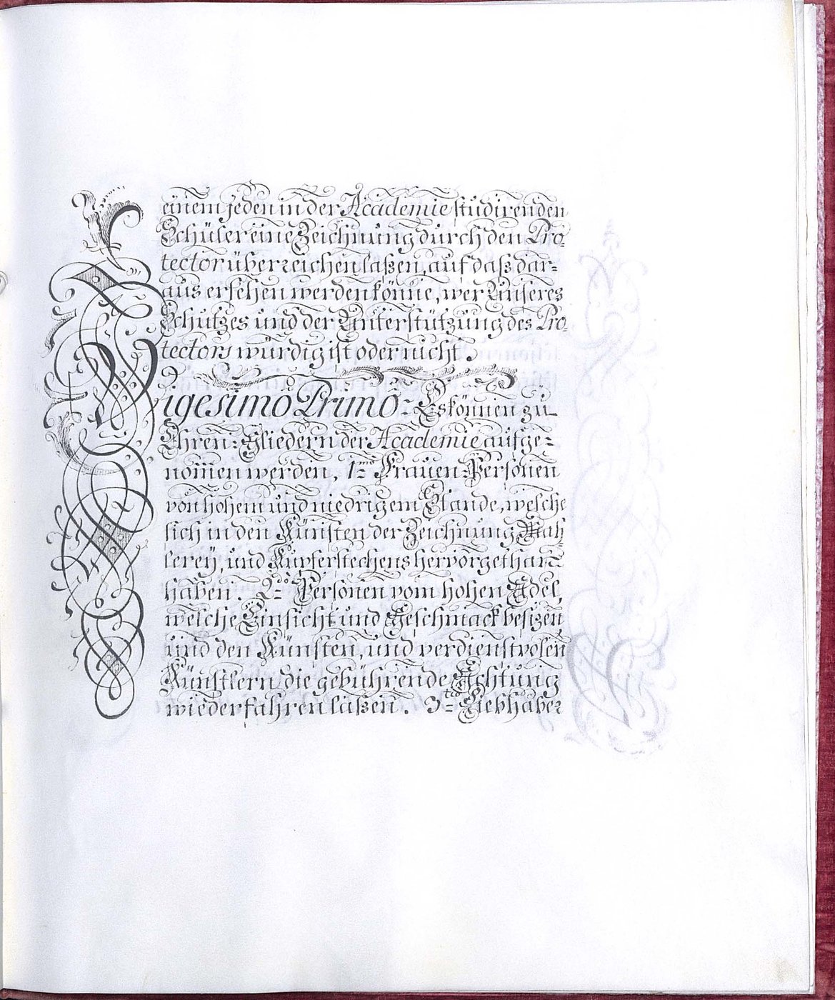 Seite aus den Kupferstecherstatuten, schwarze Tinte auf Pergament, prachtvolle Verzierungen der Initialen, besonders des Buchstaben V.