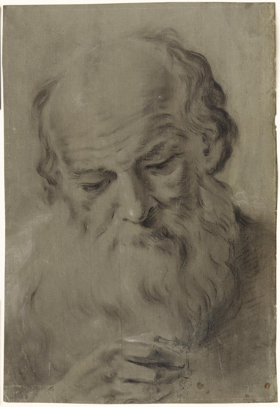 Zeichnung eines alten Mannes mit Bart, er blickt hinab auf seine halb geschlossene Hand.
