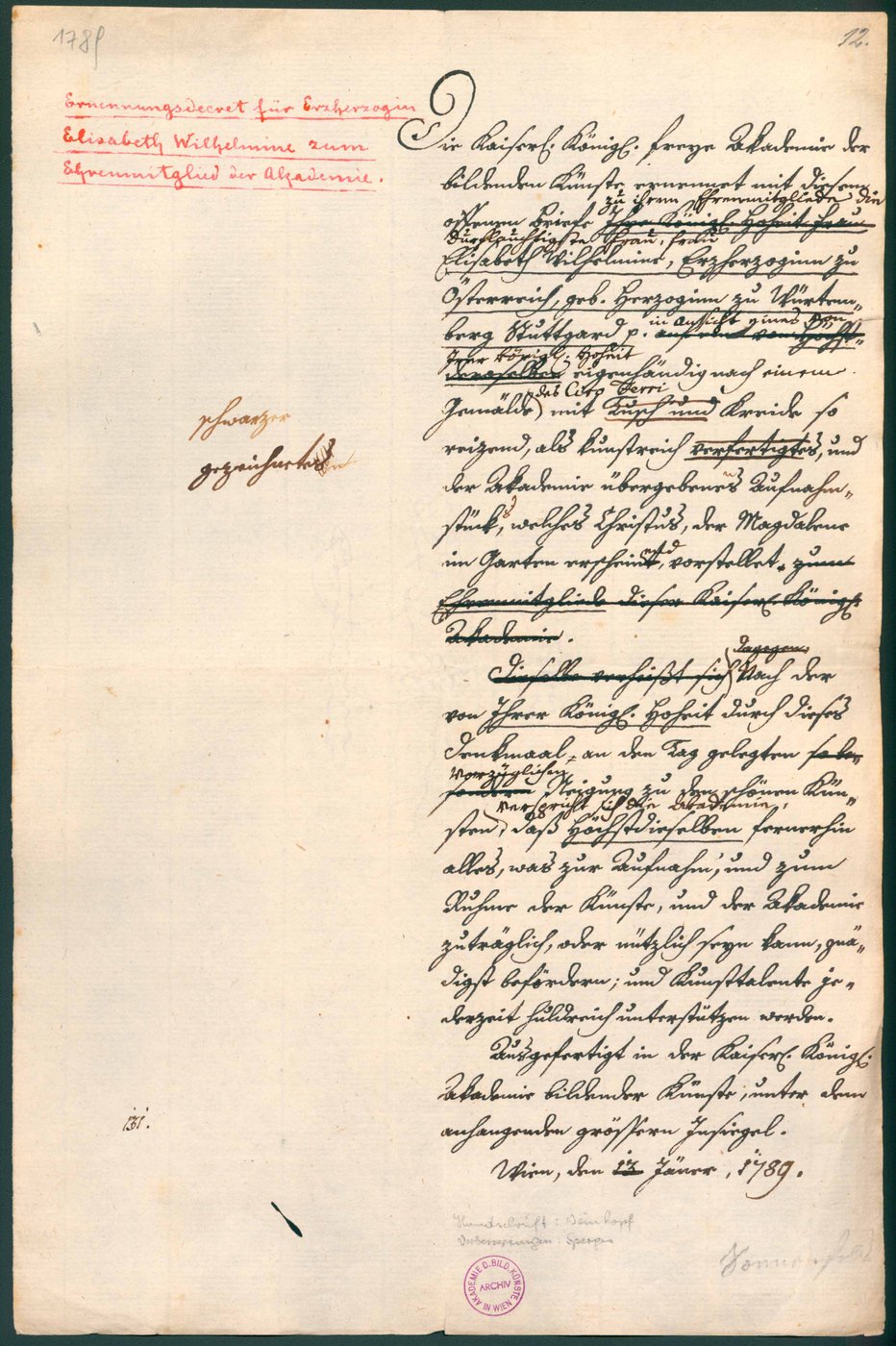 Handgeschriebenes Dokument, Kurrent, schwarze und rote Tinte, Dekretsentwurf für Erzherzogin Wilhelmine von Württemberg 