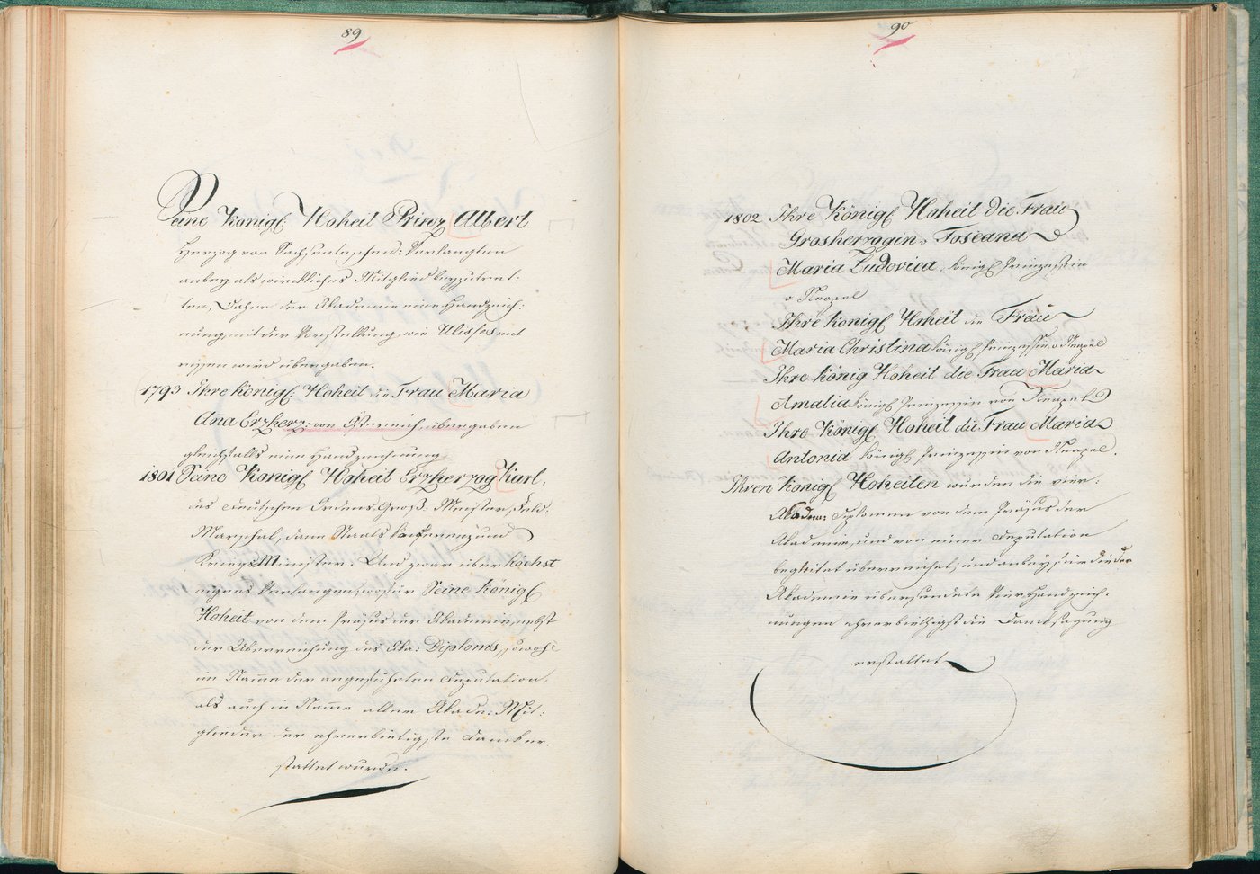 Zwei Seiten aus dem Wahlbuch mit den Namen einiger weiblicher Mitglieder aus dem Kaiserhaus, verzierte Handschrift in schwarzer Tinte. 