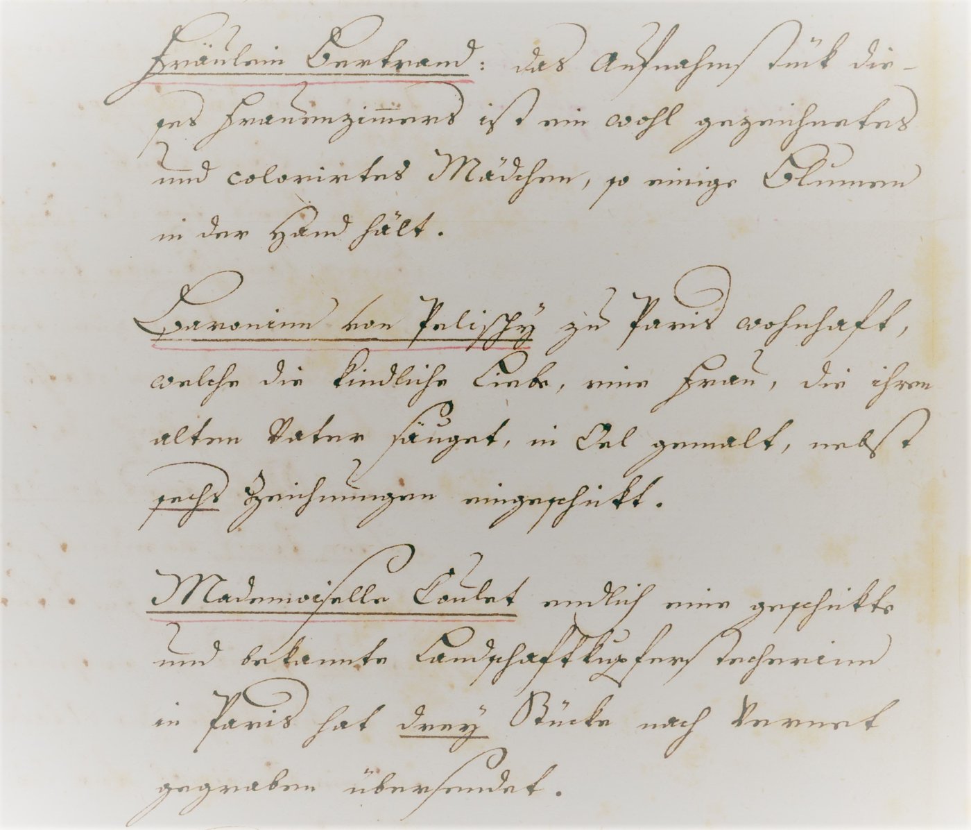 Handschriftliche Erwähnung der drei Frauen „Fräulein Bertrand“, „Baronin von Pelischy“ und „Mademoiselle Coulet“ in einem Aktenstück, Kurrentschrift