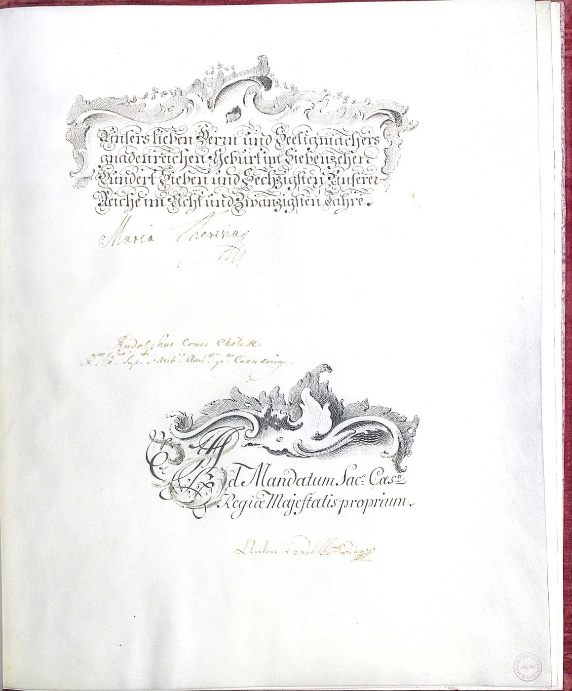 Letzte Seite der Kupferstecherstatuten, Verzierungen, Unterschrift Maria Theresias