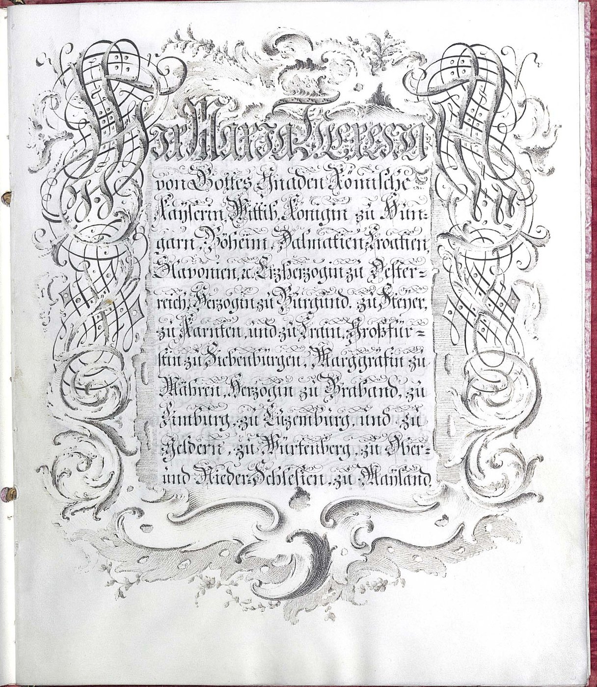 Kunstvoll ausgeschmücktes Titelblatt mit dem vollständigen Titel der Kaiserin Maria Theresia
