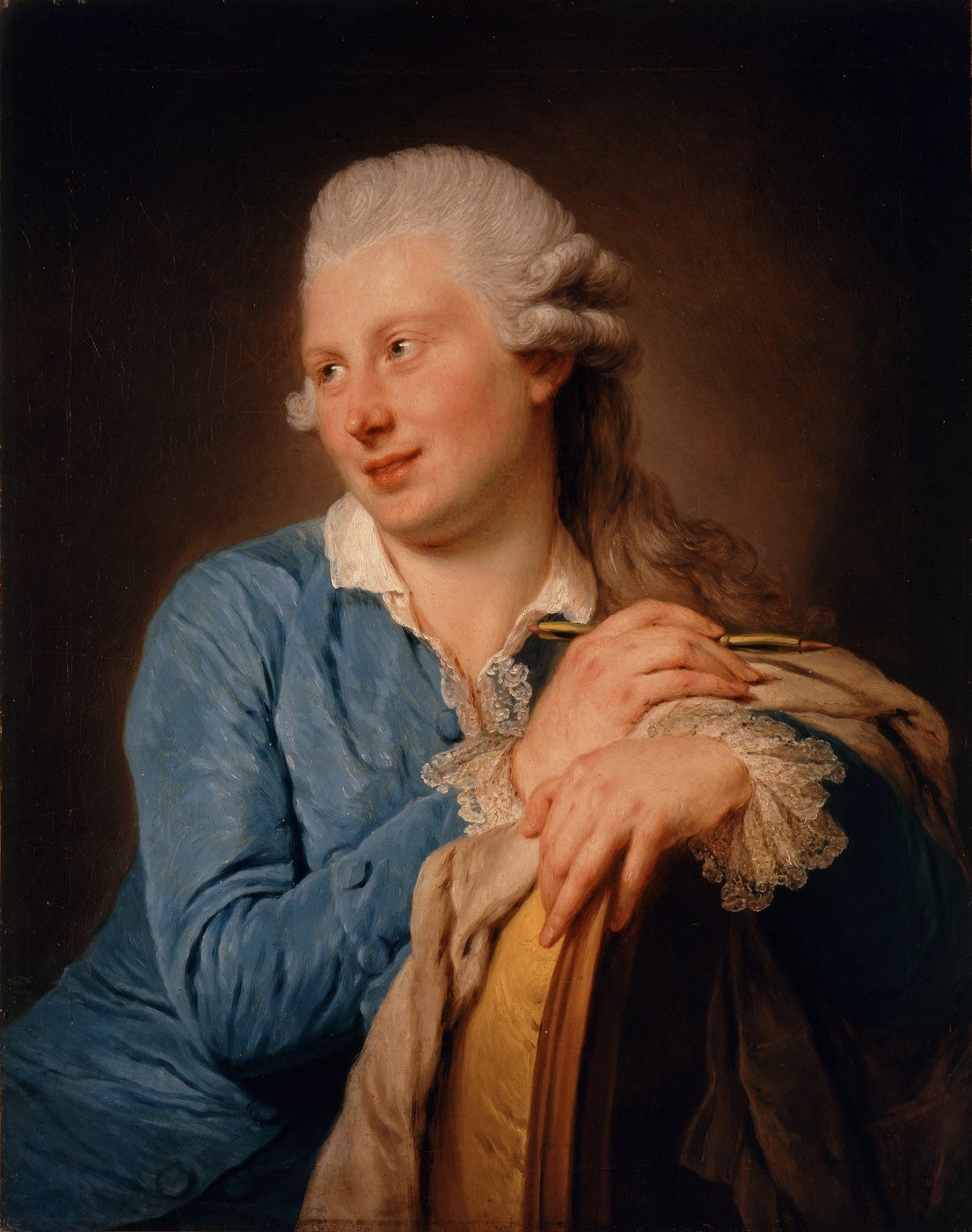 Ölgemälde, Mann mit weißer Perücke und blauer Samtjacke, einen Federkiel in der Hand