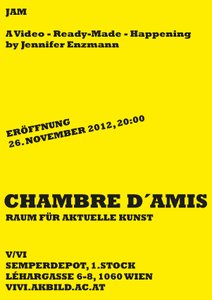 A Video - Ready-Made - Happening von Jennifer Enzmann im Rahmen von Chambre d'amis – Raum für aktuelle Kunst, organisiert vom Institut für bildende Kunst, Video und Videoinstallation.