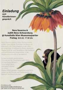 Flyer des Artist Talk Meine Sicht, beiger Hintergrund mit schwarzem Text in der linken Bildhälfte und einer großen roten Blume auf der rechten Seite