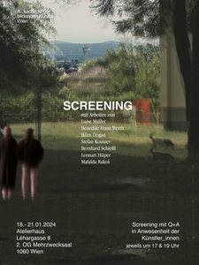 Poster für Screening, grüne Landschaft mit zwei Personen am Bildrand und Text in weißer Schrift in der Mitte
