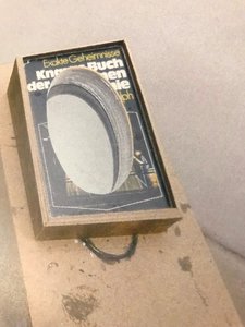 Die Farbfotografie zeigt ein Buch in einem groben Rahmen, der auf einer größeren Holzstruktur angebracht ist. In das Buch wurde ein großes, ovales Loch gefräst, sodass der Titel nur noch bruchstückhaft zu erkennen ist: „Exakte Geheimnisse. Kn… Buch der … ie“