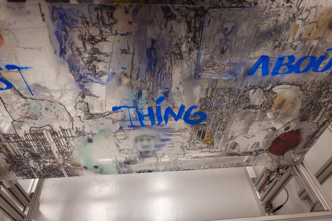 gläsernes Objekt mit blauer Schrift und schwarzer Struktur