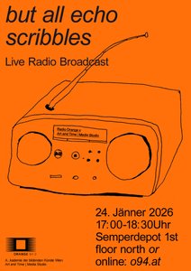 Ankündigung einer Live-Radiosendung. Das Bild zeigt einen orangefarbenen Hintergrund mit schwarzer Linienzeichnung eines Vintage-Radios und Text.