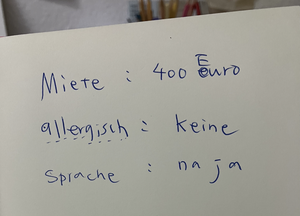 Zettel auf dem folgendes steht:
Miete: 400 Euro

allergisch: keine

Sprache: naja