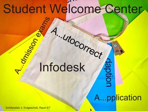 dekoratives Bild mit bunten Farben, Schlagworte: info desk, application, admission exams