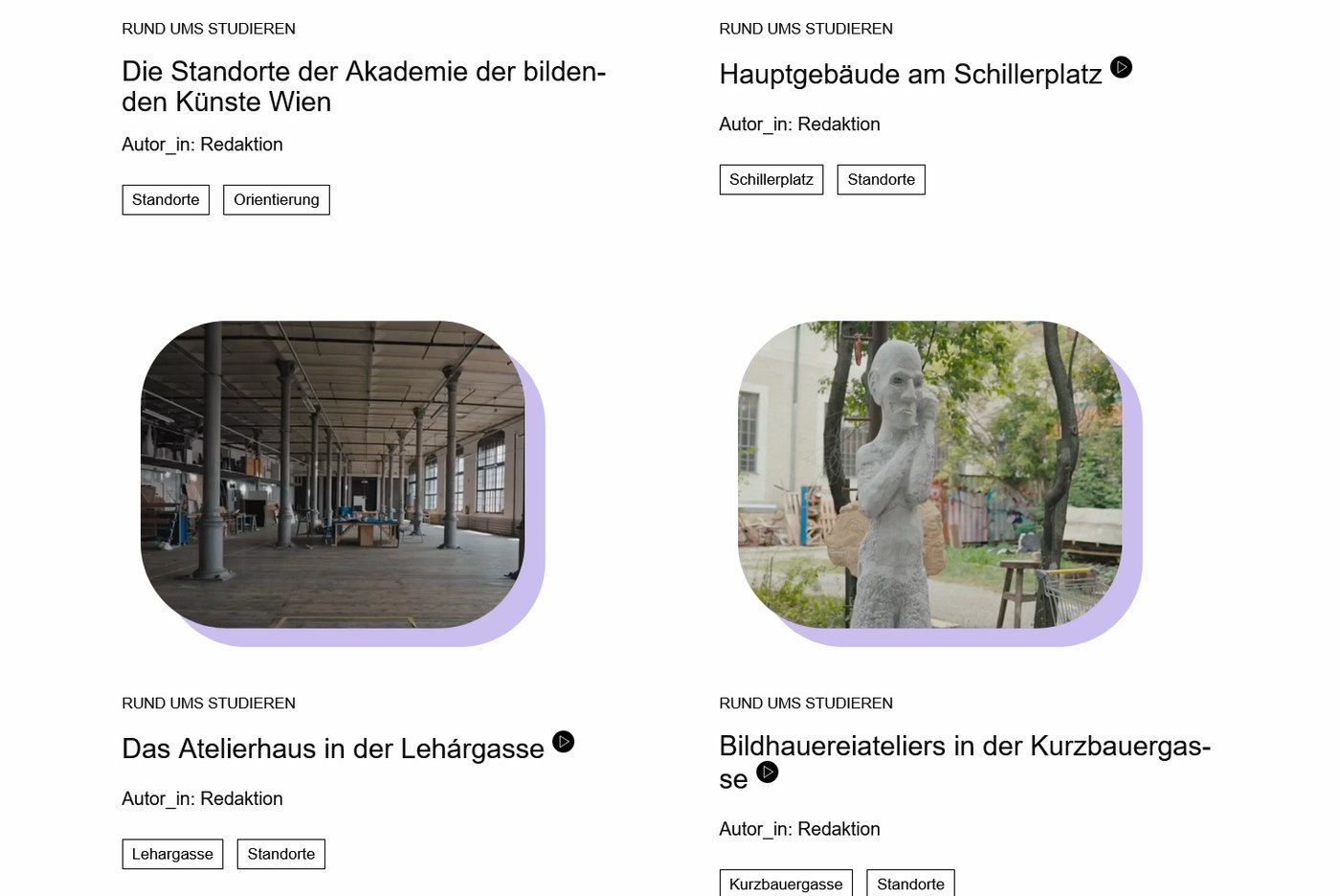 Screenshots der Website Kiosk, Schlagworte: Kiosk, Studieninfo, Standorte