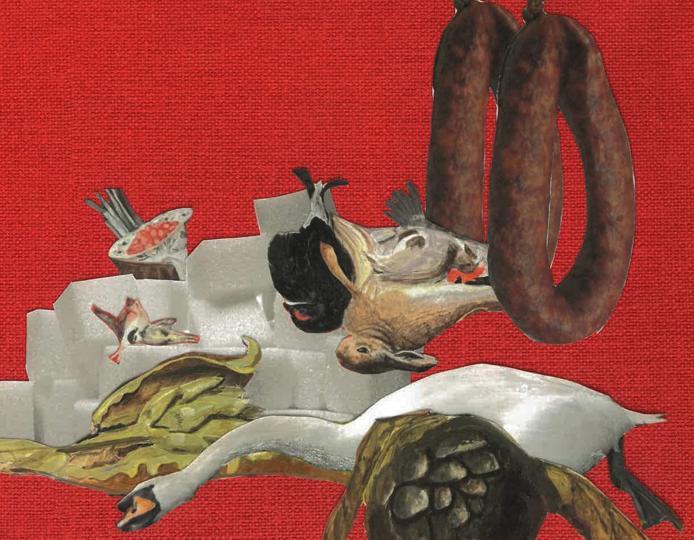 Verschiedene Elemente eines Stilllebens sind vor einem roten Hintergrund collagiert. Man sieht Zuckerwürfel, Würste, Artischocken, einen toten Hasen und andere leblose Tiere.