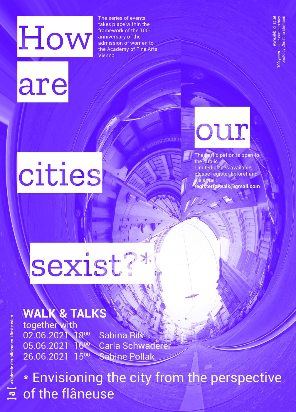 Lila Plakat mit der Aufschrift "How are our cities sexist?"