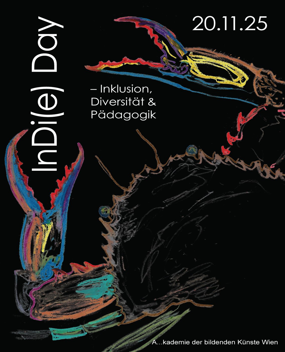 Veranstaltungsplakat mit Titel und Datum, Zeichnung einer bunten Krabbe auf schwarzem Grund
