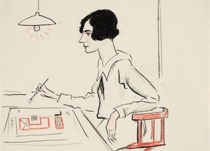 Drawing of a woman sitting at a table