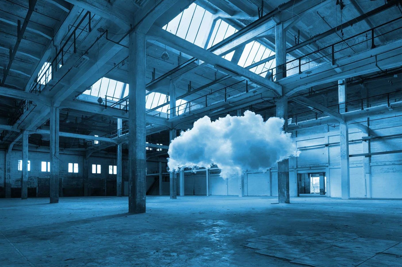 Cloud floating in a warehouse in blue