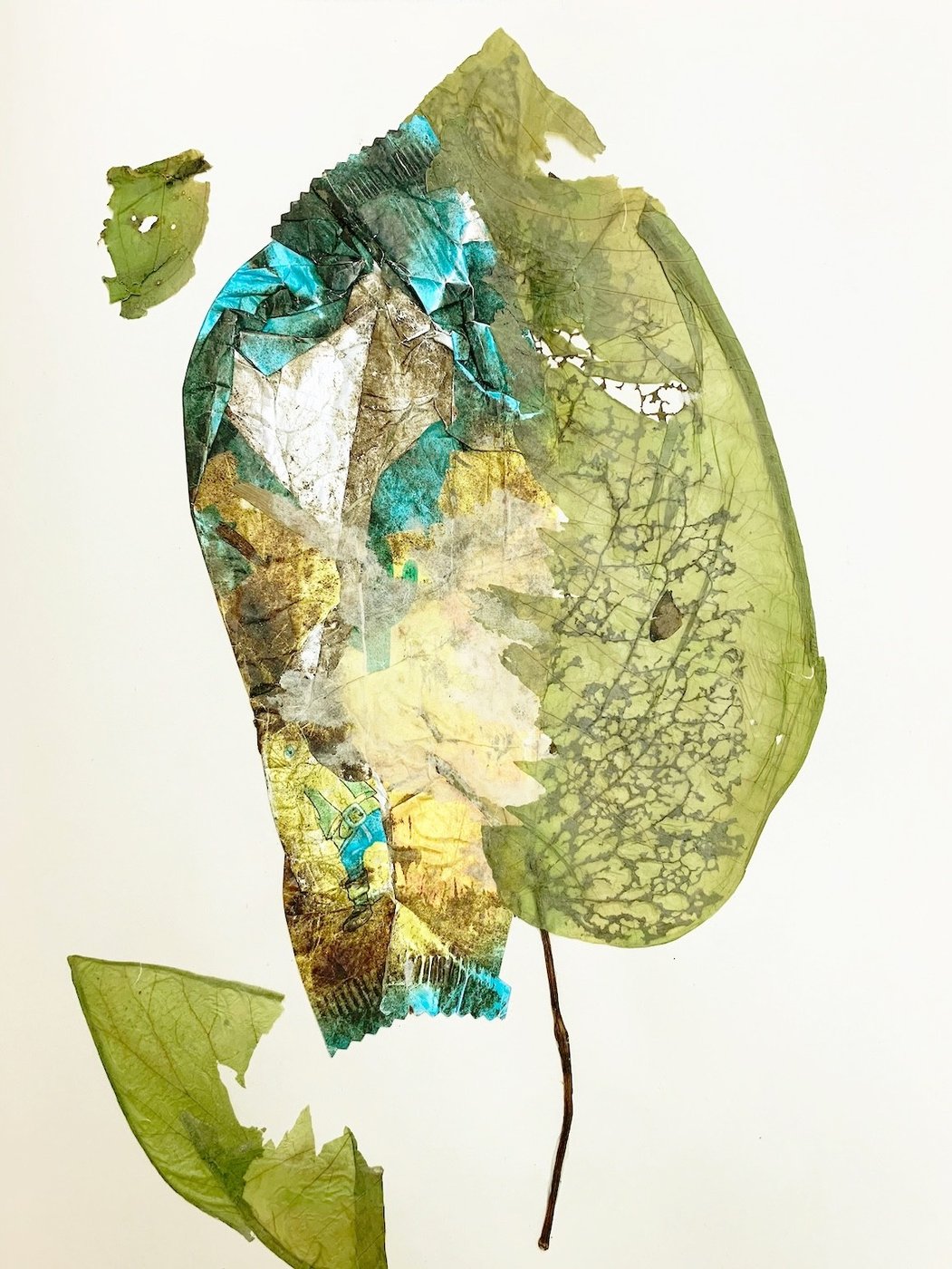 Collage in color with a leave and pieces of paper mounted on top.