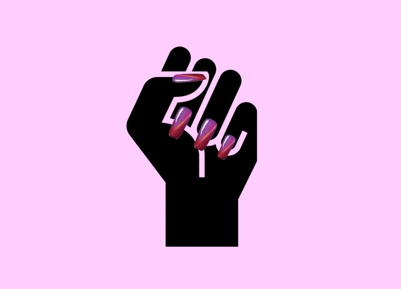 a black fist stretched in the air with pink fingernails on pink background