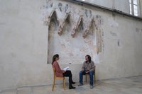Interview with conservator Claudio Bizzarri in the Dominican Church in Krems during the restoration of the vaults and the wall paintings in February 2020, photo: Fabia Podgorschek