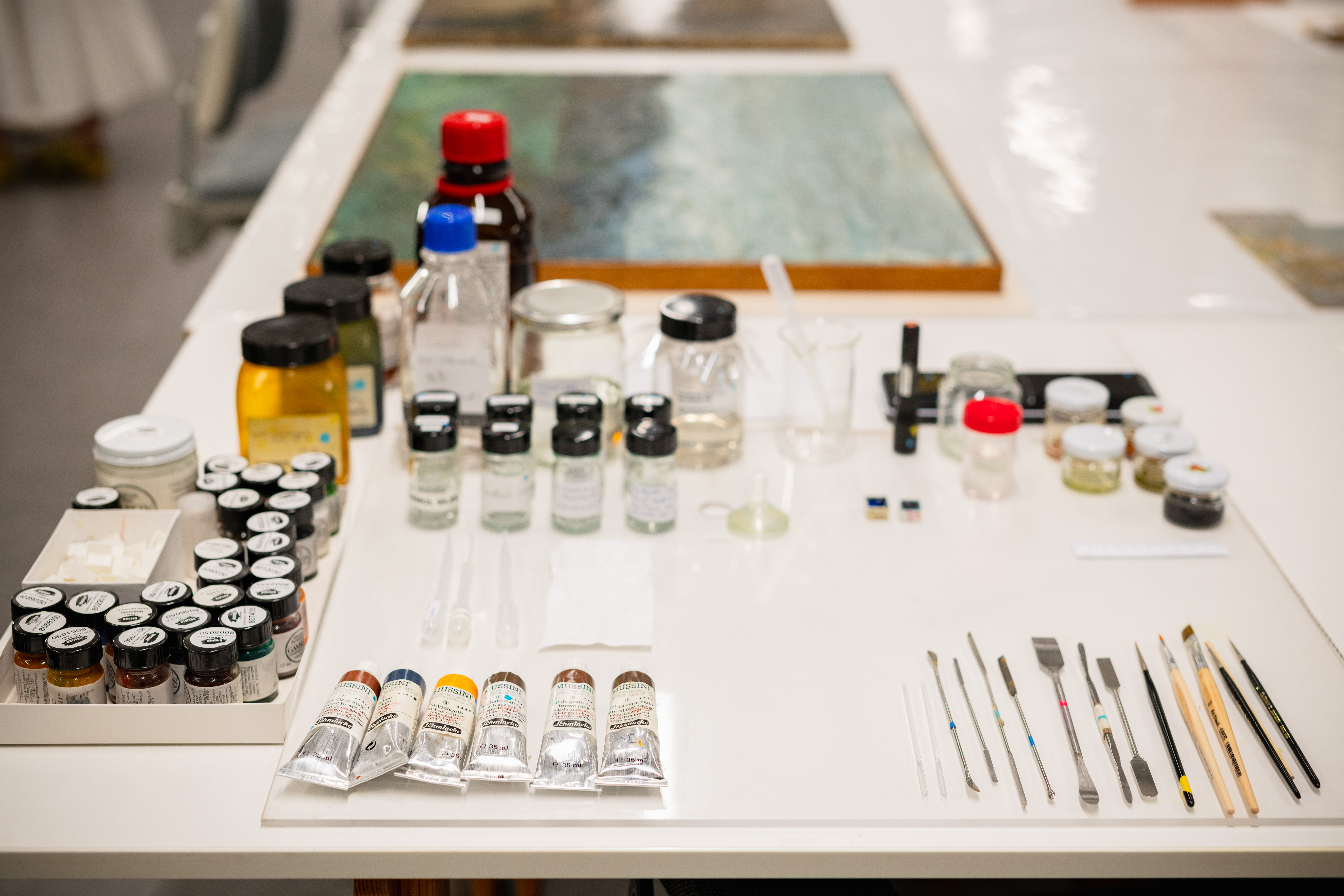Materials and tools prepared for conservation treatment of a painting. Photo © Robert Vanis